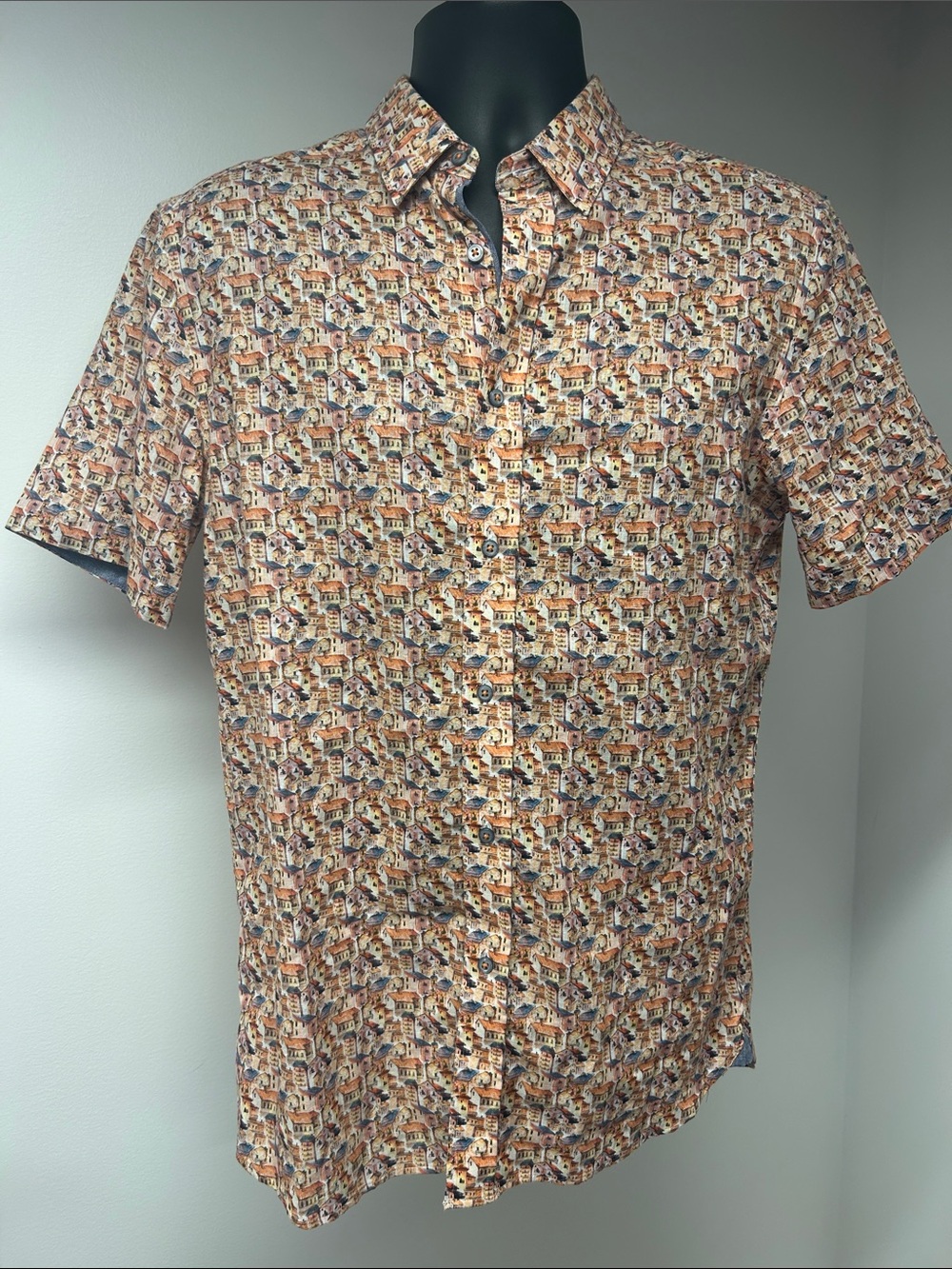 Luchiano Visconti 100% Linen Mediterranean Italian Village Print Short Sleeve S